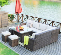 Homeroots 180.96" X 33.54" X 34.71" Brown 8Piece Outdoor Sectional Set With Cushions