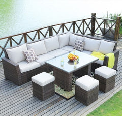 Homeroots 180.96" X 33.54" X 34.71" Brown 8Piece Outdoor Sectional Set With Cushions