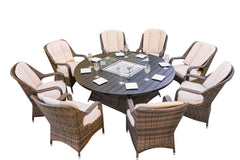 Homeroots Brown Wicker Round Outdoor Fire Pit Dining Set With 8 Chairs