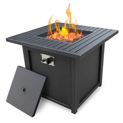 Homeroots 28" Black Square Propane Fire Pit With Lava Rocks And Cover