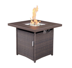 Homeroots 28" Brown Faux Rattan Design Square Propane Fire Pit With Glass Bead Rocks